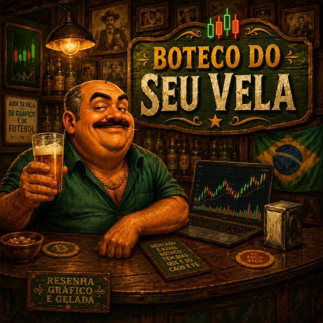 Seu Vela, o dono do boteco que analisa cripto, atrás do balcão com uma gelada e o gráfico na tela
